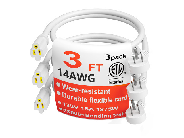 14 Gauge 3 FT 3 Pack White Flat Plug Extension Cord, Indoor Low Profile Flat Plug, Heavy Duty 3 Prong Grounded, Flexible SJTW, 15A 1875W 125V, ETL...