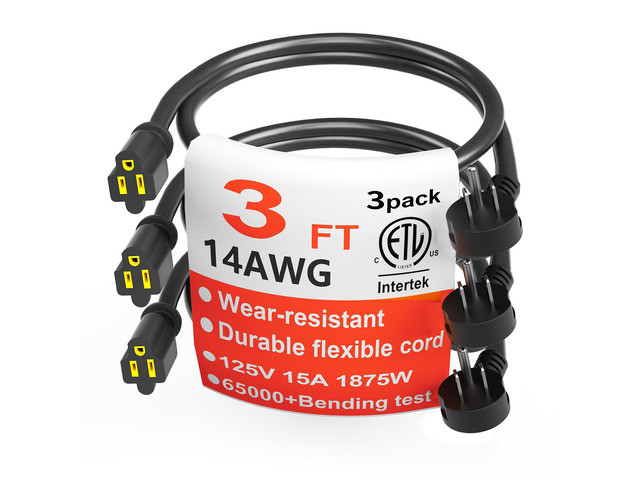 14 Gauge 3 FT 3 Pack Black Flat Plug Extension Cord, Indoor Low Profile Flat Plug, Heavy Duty 3 Prong Grounded, Flexible SJTW, 15A 1875W 125V, ETL...