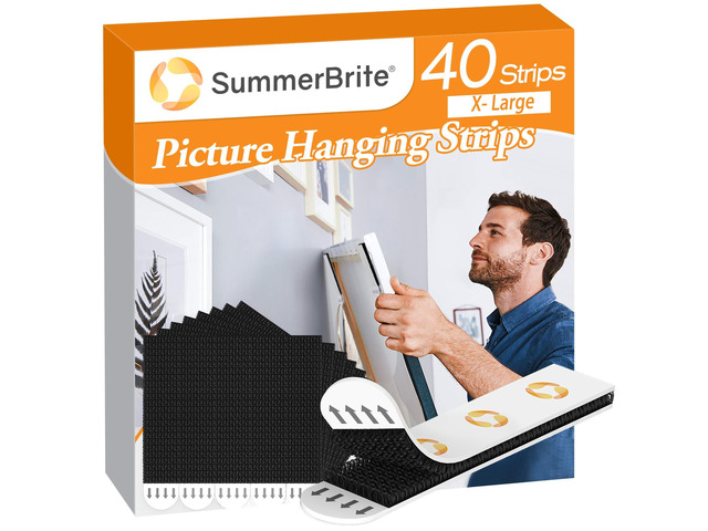 Damage Free Picture Hanging Strips, 20 Pairs, XL, Black Nail-free wall hangers, strong adhesive backing, damage-free removal, suited for dark photo...