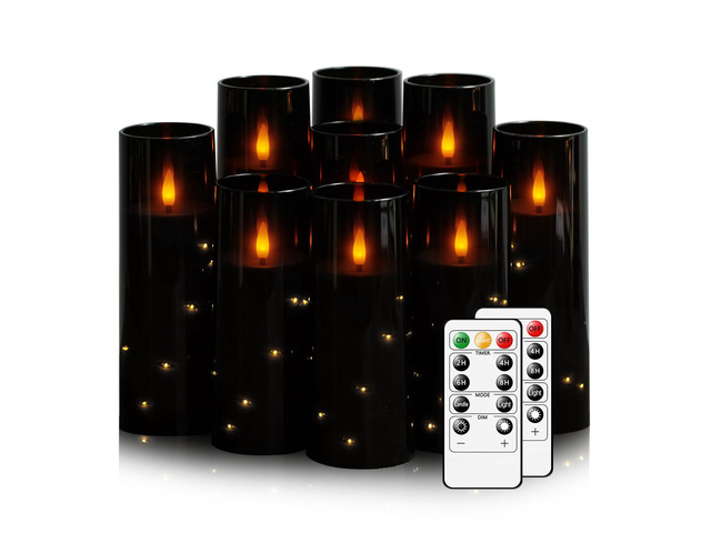 Flickering Flameless LED Candles, 9 Pcs with Embedded Star String, Acrylic LED Pillar Candles with Remote, Suitable for Home Decoration (Black)