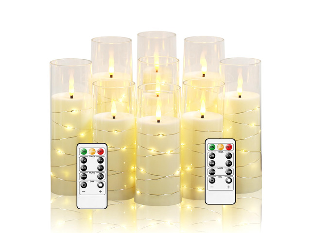 Flickering Flameless LED Candles,Battery Operated Candles 9 Pcs with Embedded Star String,Acrylic LED Pillar Candles with Remote,Suitable for Home...