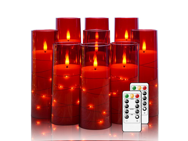 Flickering Flameless LED Candles,Battery Operated Candles 9 Pcs with Embedded Star String,Acrylic LED Pillar Candles with Remote,Suitable for Home...