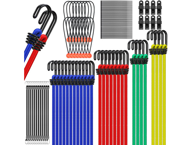 66-Piece Premium Bungee Cords Assortment Jar, Includes 10', 18', 24', 32', 40' Bungee Cord with Hooks, 6' Nylon Cable Ties, 8' Canopy Tarp Ball...