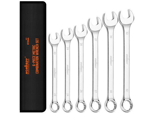 Large Wrench Set with Rolling Pouch Metric 6-Piece 23mm, 24mm, 26mm, 27mm, 30mm, 32mm 12 Point Chrome Vanadium Steel