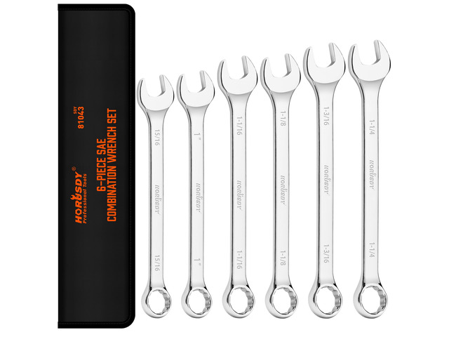 Large Wrench Set with Rolling Pouch SAE 6-Piece 15/16, 1, 1-1/16, 1-1/8, 1-3/16, 1-1/4 12 Point Chrome Vanadium Steel