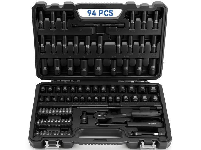 94 PCS 1/4' Drive Impact Socket Set Shallow & Deep Socket SAE(5/32'-9/16') & Metric(4-15mm), Torx Screwdriver Bit Set, CRV, Automotive Repair