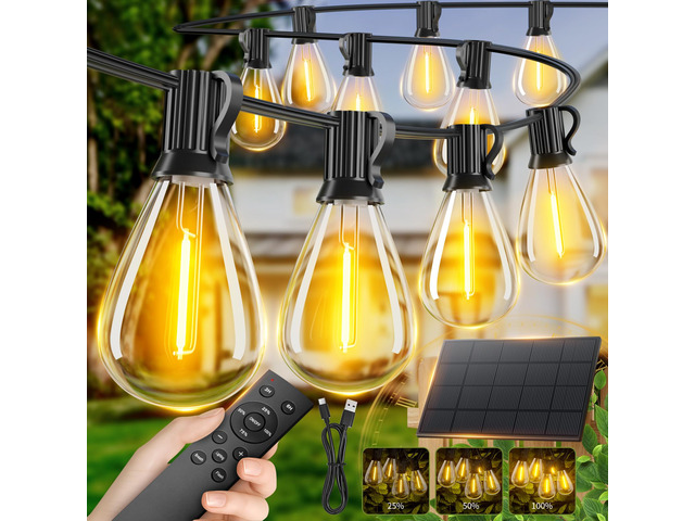 50FT Solar String Lights Outdoor Waterproof, 18+1 LED Solar Powered Lights with Remote Control, 3 Light Modes & Dimmable, USB-C Charging for Patio,...