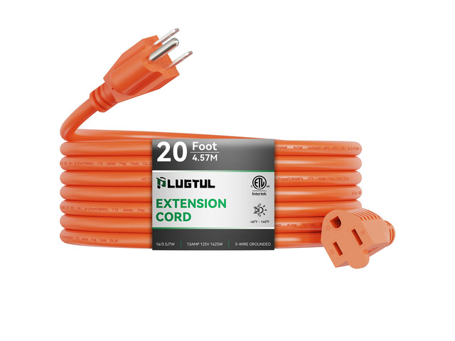 Outdoor Extension Cord 20 FT 16/3 Gauge Heavy Duty 3 Prong Extension Cord, 13A 1625W SJTW, ETL Listed, Great for Garden and Home, Orange
