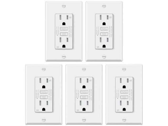 5 Pack 15 Amp TR GFCI Outlets, Outdoor GFI, ETL Listed, White Slim Design, 15A GFI, Weather Resistant with LED Indicator, Ground Fault Circuit...