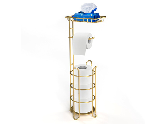 Gold Toilet Paper Holder Stand with Shelf, Freestanding Tissue Roll Holder, Holds 4 Mega Rolls and Extra Storage for Phone, Wipes