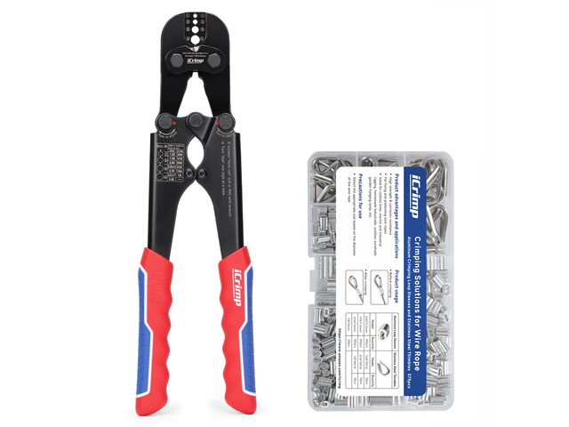 iCrimp 1608MC Wire Rope Crimper w/Built-In Cutter, 3/64'1/8', Sleeve Kit Kit includes crimper tool and storage case with 330 aluminum loop sleeves...