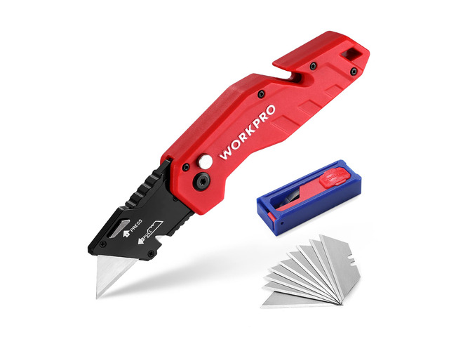 Folding Utility Knife with 10 Blades, Red Razor Knife with Belt Clip, Lightweight Nylon Handle, Wire Stripper & Gut Hook, Utility Cutter with...