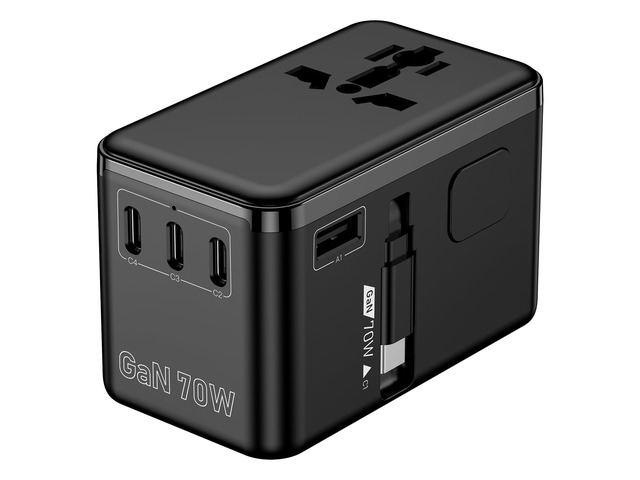 70W GaN Travel Adapter with Built-in USB-C Cable 6-in-1 International Plug Adapter for 200+ Countries with US, EU, UK & AU Plugs, Fast Charging for...