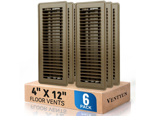 4' x 12' Floor Register Vent Covers 6Pack, Brown, Steel Floor Vent Walkable Powder-Coated Metal Vent Covers with Adjustable Airflow, Curved Safe...