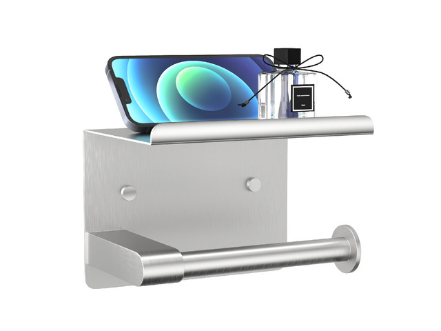 Brushed Nickel Toilet Paper Holder Wall Mount, Fits Mega Rolls Size Adhesive or Screw-in, Stainless Steel Material, Wall-Mount Design with Shelf,...