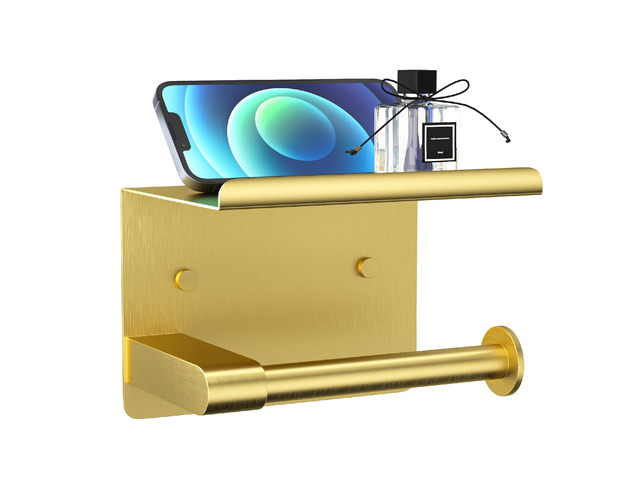 Brushed Gold Toilet Paper Holder Wall Mount, Adhesive or Screw-in Fits Mega Rolls Size, Waterproof and Rustproof Stainless Steel, with Shelf Wall...