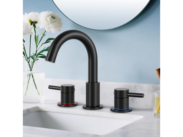 Matte Black Bathroom Faucet 3 Hole, 2-Handle Widespread Faucet Lead-free stainless steel, pop-up drain, Detachable faucet aerator, 360°swivel, for...