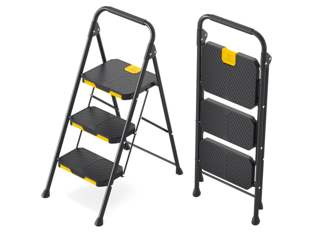 3 Step Ladder, Sturdy Steel Step Stool with Safe-Lock Design, Handrail, Anti-Slip Wide Pedals, Pass 800lbs Load Testing, Folding Portable Ladder...