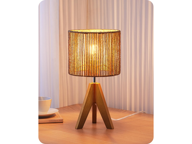 Small Rattan Table Lamp, Wood Tripod Bedside Lamp, 14.2', E26 Base Natural Style, E26 Socket, Boho Nightstand Light for Living Room, End Table,...