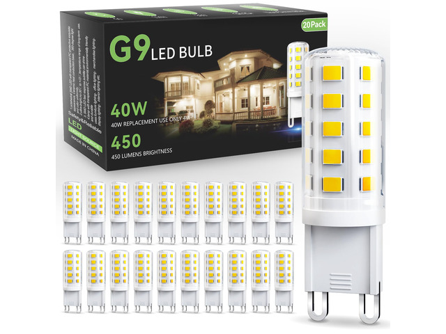 G9 LED Bulb 4W, 6000K Daylight 20 Pack, 40 Watt Eq, G9 Base, 120V T4 G9 Halogen Replacement, G 9 Bi-pin Base Light Bulbs for Chandelier, 450 LM 360...