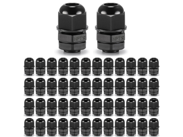 50pcs 1/4' NPT Cable Gland Waterproof IP68 Nylon Cable Pass Through Cord Grip Connector Strain Relief Wire Grommet