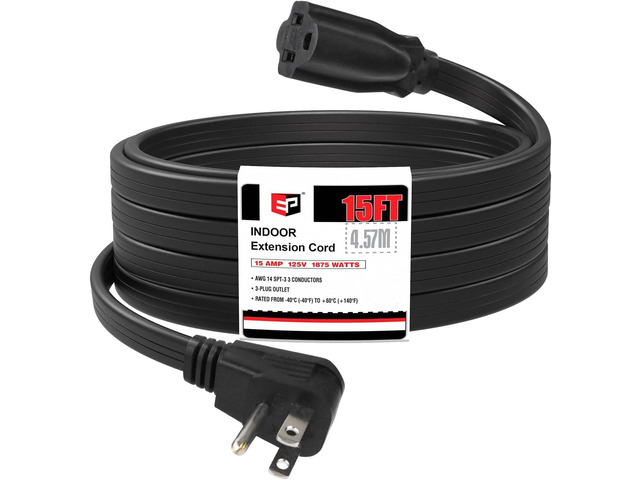 15 Ft Heavy Duty Appliance Extension Cord,14 AWG 3-Prong Flat Plug Black 14 Gauge, 3 Prong Grounded, For Air Conditioners, Refrigerators,...