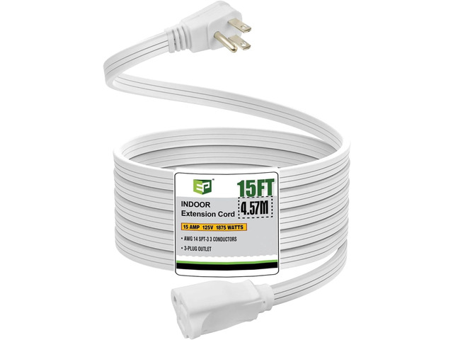 15 Ft Heavy Duty Appliance Extension Cord,14 AWG 3-Prong Flat Plug White 14 Gauge, 3 Prong Grounded, For Air Conditioners, Refrigerators,...