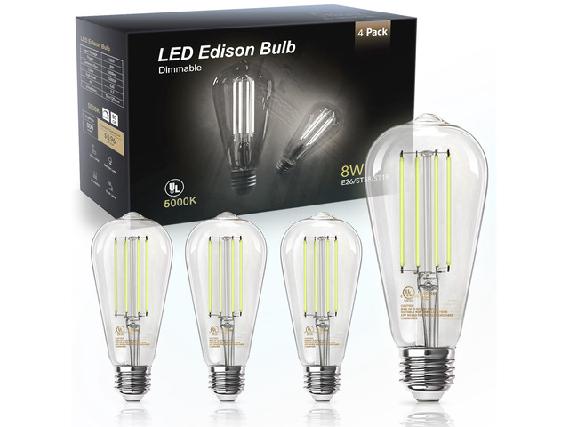 4 Pack Edison LED Light Bulbs, E26 Base, 8W 5000K, Dimmable Vintage ST58 Filament Design, 60W Equivalent, 800 Lumens, CRI 80+, Antique Glass Style...