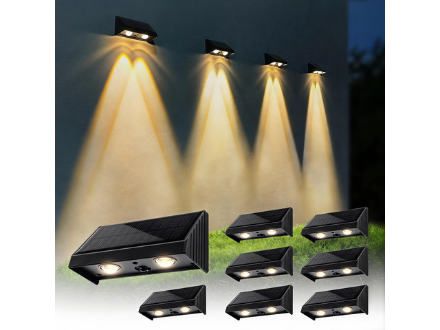 Solar Dusk to Dawn Lights Outdoor for Fence, Deck, Porch, Address 3000K Downlights LED Convex Lens Warm White Lighting Waterproof Solar Powered 8 Pack
