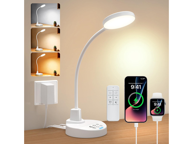 15W LED Desk Lamp with USB Charging Ports, [Button & Remote Control] Dimmable Table Lamp with 3 Color Modes, 5 Brightness Levels, 4 Timers,...