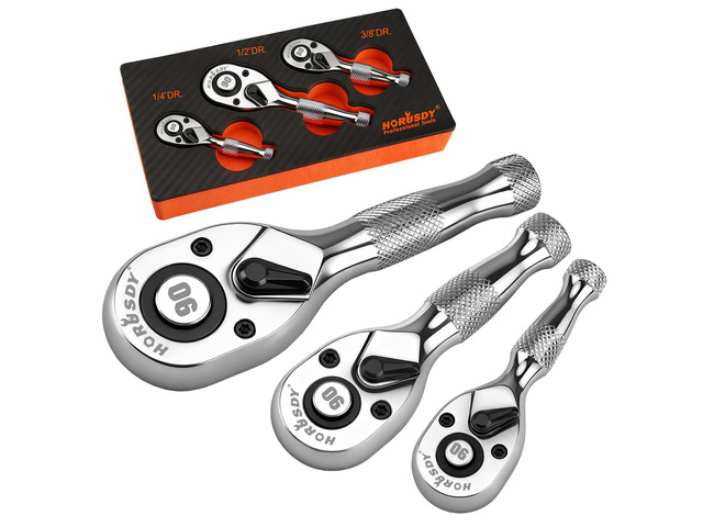 3 Piece 90T Stubby Ratchet Handle Set, 1/4' 3/8' 1/2' Drive Mini Socket Wrench, Compact Reversible Ratchets for Tight Spaces, Car & Home Repair,...