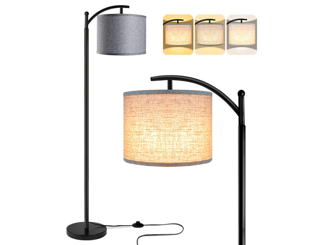 Floor Lamp with 3CCT LED Bulb, Gray Linen Lamp Shade for Living Room, Modern Standing Lamp for Bedrooms - Black