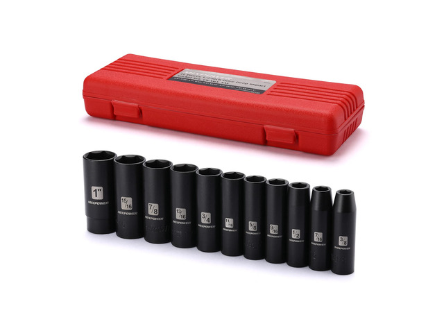 11 Pieces 1/2-Inch Drive Deep Impact Socket Set, 3/8-Inch to 1-Inch, CR-V, SAE, 6 Point, Deep, 11 Pieces 1/2' Dr. Socket