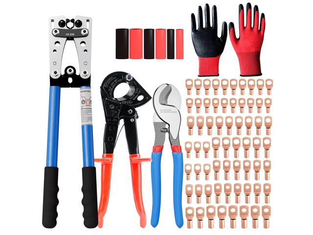Battery Cable Lug Crimping Tool for AWG 10-1/0 Electrical Lug with 2pcs Cable Cutter 64pcs Ring Terminals and 70pcs Heat Shrink Tubing