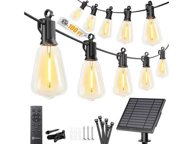 100FT Solar String Lights Outdoor, 31+2 Shatterproof LED Lights Waterproof, Remote Control, Dimmable, Timer, 3 Light Modes Solar Lights for Yard,...