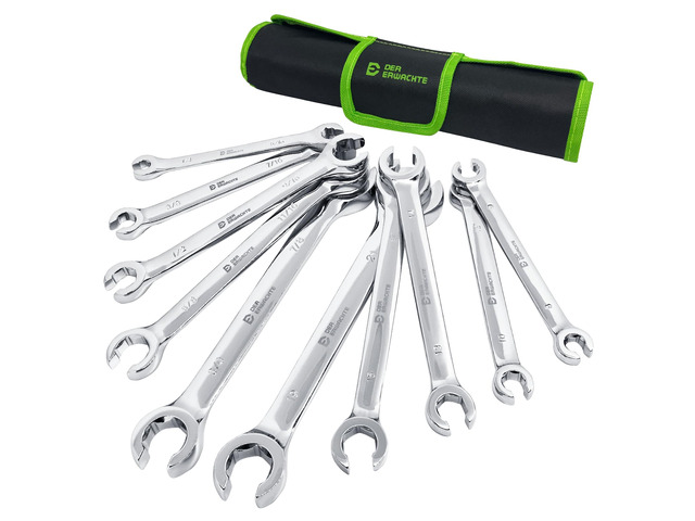 Flare Nut Wrench Set, Standard & Metric, 10-Piece 1/4' to 7/8'' & 8-21mm, CR-V Steel, Brake Line Wrench Set with Organizer Pouch