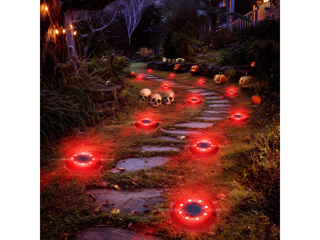 Solar Lights Outdoor WaterproofRed 12 Pack 2-in-1 Ground Lights Halloween Lights Outdoor Solar Disk Light Landscape Light for Deck Step Patio Yard...