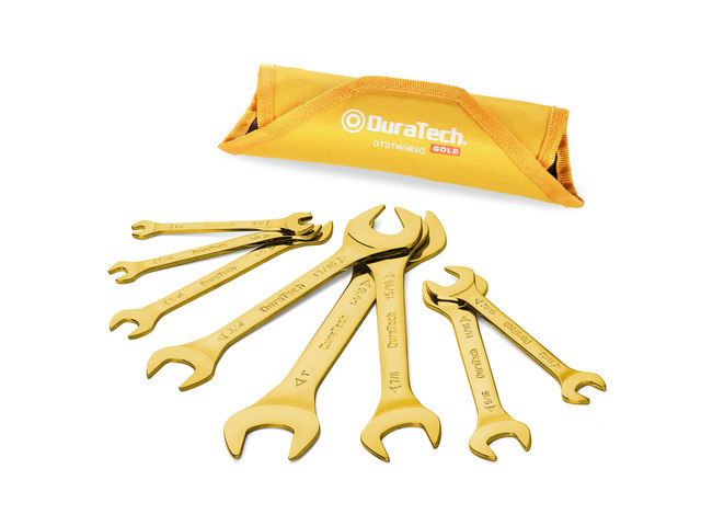 Super-Thin Open End Wrench Set, SAE, 8-Piece, 1/4' to 1-1/16' Slim Wrench Set, Titanium Plating, Rolling Pouch
