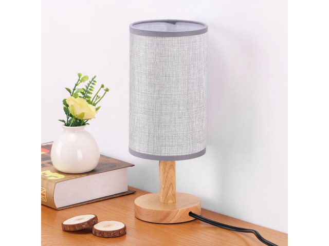 Gray Small Bedside Table Lamp for Bedroom,Natural Round Wood Base & Fabric Linen Shade,Cozy Night Table Light for Study Reading,Minimalist Boho Desk...