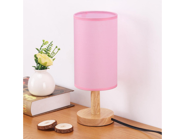 Pink Small Bedside Table Lamp for Bedroom,Natural Round Wood Base & Fabric Linen Shade,Cozy Night Table Light for Study Reading,Minimalist Boho Desk...