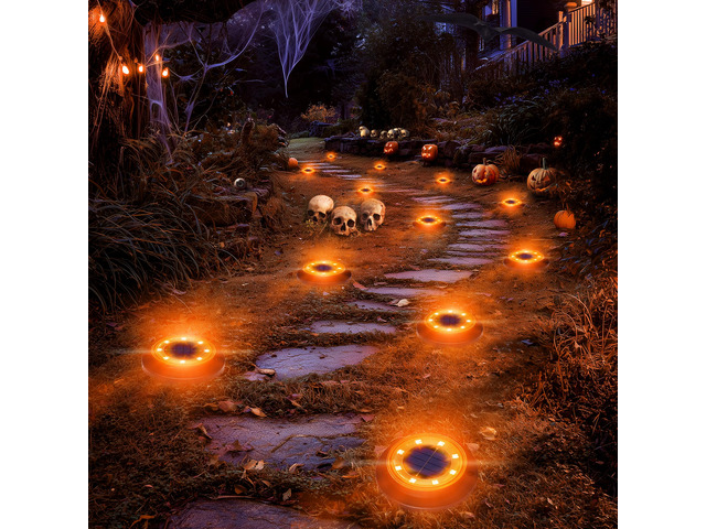 Solar Lights Outdoor WaterproofOrange 12 Pack 2-in-1 Ground Lights Halloween Lights Outdoor Solar Disk Light Landscape Light for Deck Step Patio...