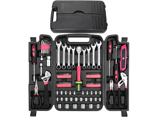 95-Piece Home Tool Set with Storage Case, Pink Wrench, Pliers, Sockets And Bits in One Case; Household Maintenance, Apartment Projects And DIY Repairs