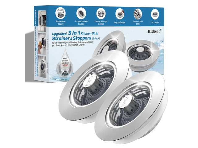 2 Pack Metal Kitchen Sink Drain Strainer and Stopper, Transparent Upgraded Universal 3 in 1 Pop Up Design, Detachable Larger Anti-Clog Basket,...