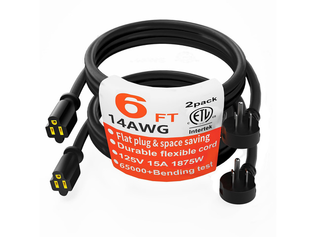 14 Gauge 6 FT 2 Pack Black Flat Plug Extension Cord, Indoor Low Profile Flat Plug, Heavy Duty 3 Prong Grounded, Flexible SJTW, 15A 1875W 125V, ETL...