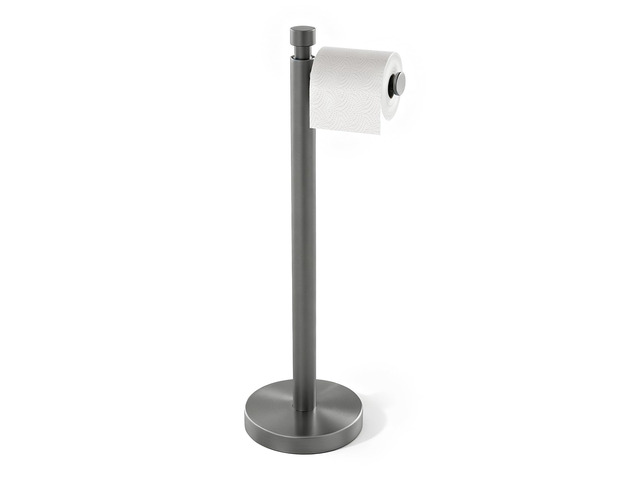 Toilet Paper Holder Stand with Weighted Base, Brushed Graphite Stainless Steel Design with Open-Arm Access for Bathrooms and Powder Rooms