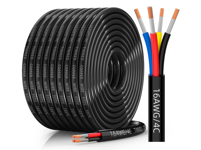 16 Gauge Wire, 16/4 Conductor Tinned Copper Electrical Wire, 50FT Flexible, Waterproof, Flame Retardant, Low Voltage 16 AWG Stranded PVC 4 Wire...