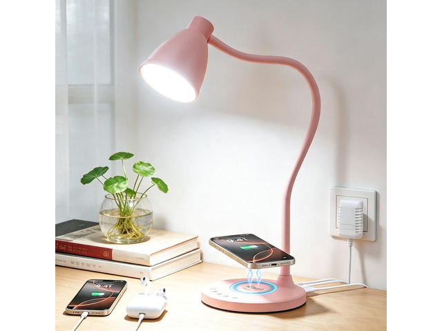 Cute Desk Lamp for Home Office with USB C+A Charging Port Timer Pink LED Desk Light with Wireless Charger 5 Colors Stepless Dimming Reading Light...