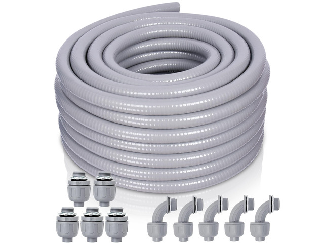Liquid-Tight Conduit and Connector Kit - 1/2 Inch 50 FT Non Metallic Liquid Tight Electrical Conduit with 5 Straight and 5 Angle Fittings