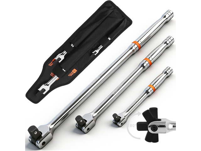 3-Piece Breaker Bar Set with 180° Rotatable Head, 1/4'', 3/8'' and 1/2'' Drive, 6'', 10'', 15'' Length, Heavy Duty Breaker Bars with Chrome...