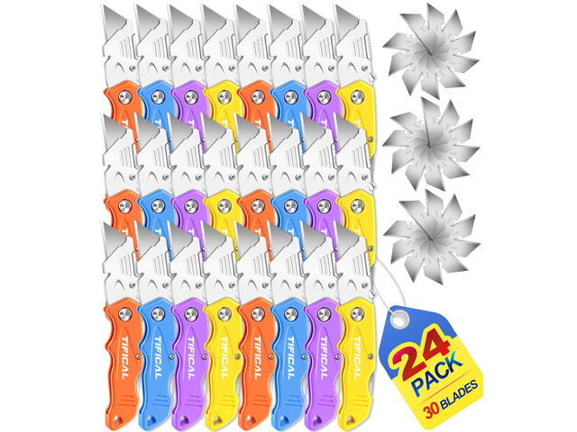 24Pack Box Cutter Retractable, Folding Utility Knife with 30 Blades SK5 razor knife blades, quick change pocket knife, navajas para trabajo for...